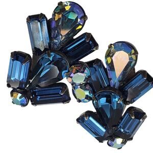 Blue Rhinestone Clip On Earrings Baguette Teardrop AB Iridescent Vintage 60s MCM